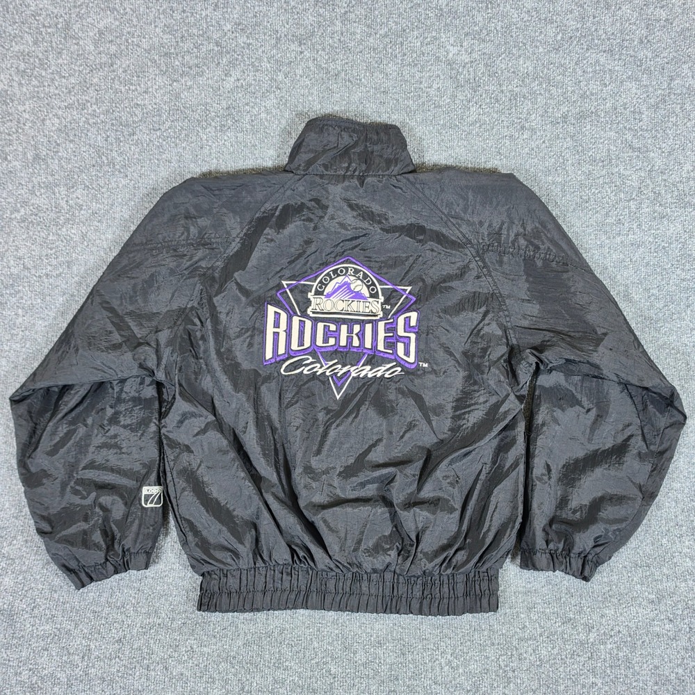Vintage Logo 7 Colorado Rockies MLB Windbreaker Jacket Mens M Black 90s Full Zip